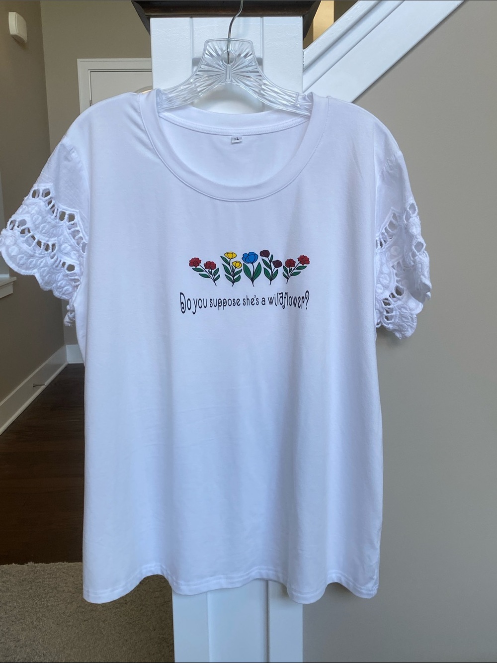 White Floral Graphic Tee with Crochet Sleeves